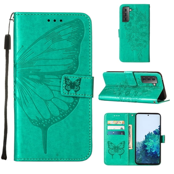 Decase Samsung S21 Case, Butterfly Patterned Wallet Case, Magnetic Folio Faux Leather with Wrist Strap Credit Card Holder Slots Kickstand Protective Cover For Samsung Galaxy S21, Green