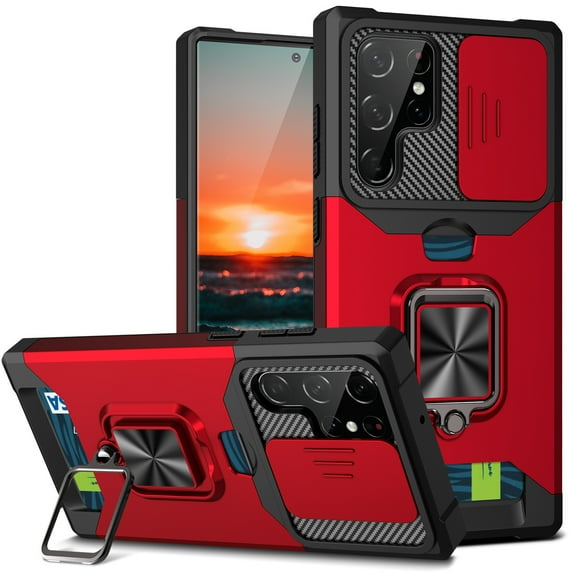 Decase for Samsung S22 Ultra Case with Sliding Camera Cover Heavy Duty Protective Galaxy S22 Ultra Case with Card Holder Magnetic Kickstand Case for Samsung S22 Ultra 5G 6.8 inch - Red