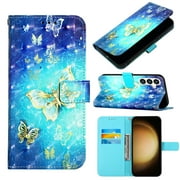 Decase for Samsung S23 FE Wallet Case,Premium PU Leather Anti-Scratch Fashionable 3D Pattern Folding Card Slots Holder Stand Cover with Wristband Strap for Samsung Galaxy S23 FE - Golden Butterfly