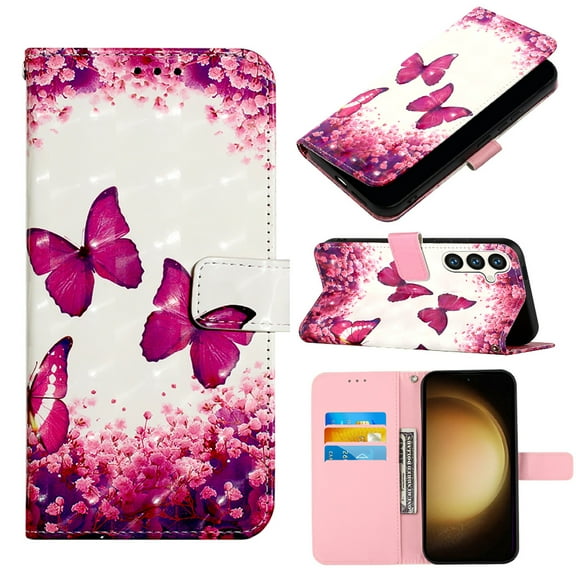 Decase for Samsung S23 FE Wallet Case,Premium PU Leather Anti-Scratch Fashionable 3D Pattern Folding Card Slots Holder Stand Cover with Wristband Strap for Samsung Galaxy S23 FE - Rose Butterfly