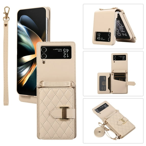 Decase for Samsung Z Flip 5 Leather Wallet Case, Detachable Crossbody Strap & Wallet Cover with Card Slots, 360° Ring Kickstand Anti-Scratch Drop Proof Protective Cover For Galaxy Z Flip5,Beige