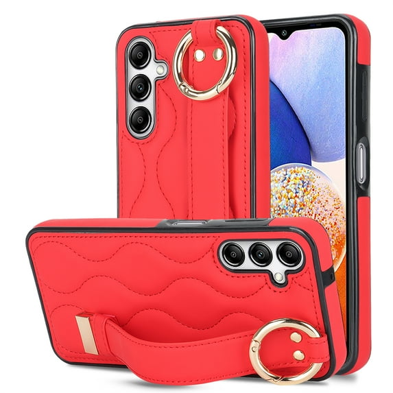 Decase for Sasmung Galaxy S23 with Wrist band Kickstand Case,with Metal RIng,Slim Shockproof PU Leather Drop Proof Non-Slip Anti-Fingerprint Protective Phone Case Cover,Red
