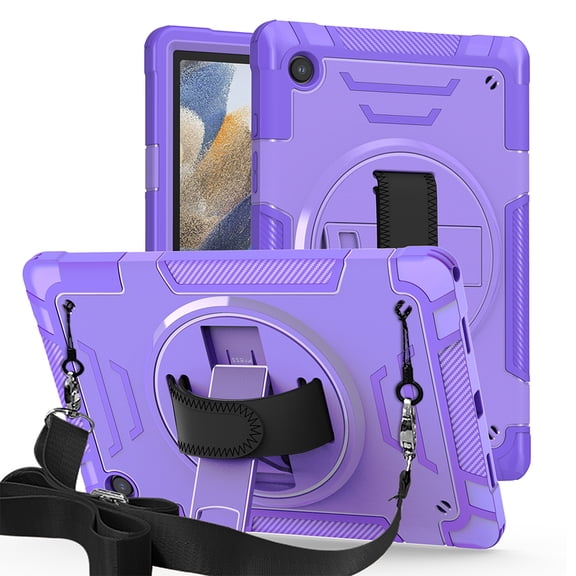 Decase Shockproof Case for Samsung Galaxy Tab A8 10.5" SM-X200 X205 X207, Military Grade Protection Rotating Stand Hand Strap Shoulder Strap Kids Friendly Bumper Rugged Case,Purple