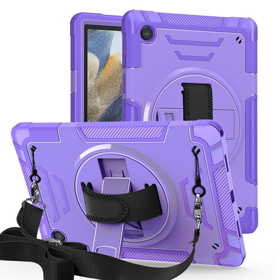 Decase Shockproof Case for Samsung Galaxy Tab A8 10.5" SM-X200 X205 X207, Military Grade Protection Rotating Stand Hand Strap Shoulder Strap Kids Friendly Bumper Rugged Case,Purple