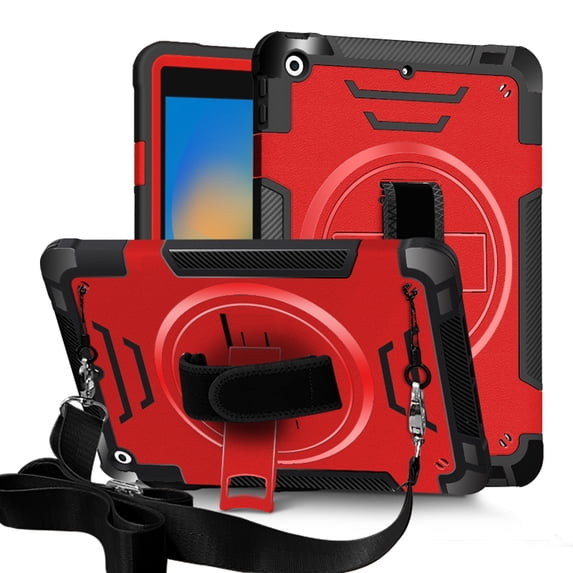 Decase Shockproof Case for iPad 9th/ 8th/ 7th Generation 10.2", Military Grade Protection Rotating Stand Hand Strap Shoulder Strap Kids Friendly Bumper Rugged Case for iPad 10.2 inch 2021-2019,Red