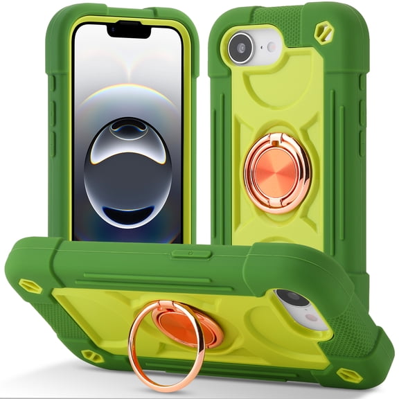 Decase Shockproof Case for iPhone 16e,Heavy Duty Hard Cover with 360°Rotating Stand,Hard PC+Silicon Frame Shell,Skin-Friendly Anti-Fingerprint Case,Avocado