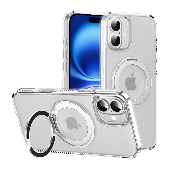 Decase Shockproof Clear Case with 360° Ring Stand Magnetic for iPhone 16,Anti-Fingerprint,Military Drop Protection,Compatible with Mag-Safe,Soft Edge Translucent Slim Phone Case,Clear