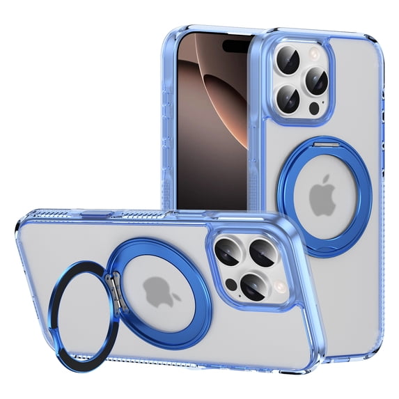Decase Shockproof Clear Case with 360° Ring Stand Magnetic for iPhone 16 Pro,Anti-Fingerprint,Military Drop Protection,Compatible with Mag-Safe,Soft Edge Translucent Slim Phone Case,Blue