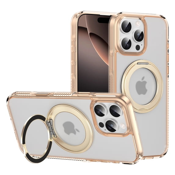 Decase Shockproof Clear Case with 360° Ring Stand Magnetic for iPhone 16 Pro Max,Anti-Fingerprint,Military Drop Protection,Compatible with Mag-Safe,Soft Edge Translucent Slim Phone Case,Gold