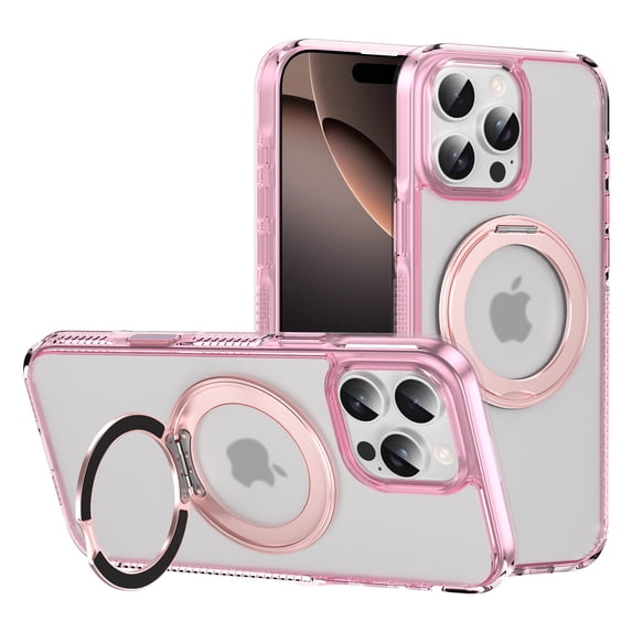 Decase Shockproof Clear Case with 360° Ring Stand Magnetic for iPhone 16 Pro Max,Anti-Fingerprint,Military Drop Protection,Compatible with Mag-Safe,Soft Edge Translucent Slim Phone Case,Pink