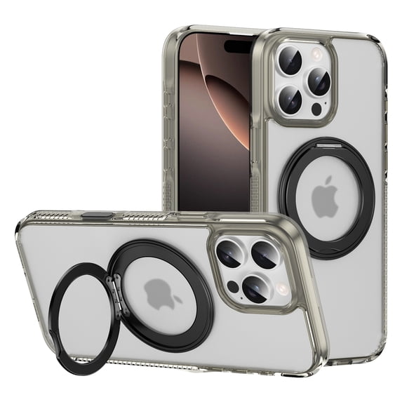 Decase Shockproof Clear Case with 360° Ring Stand Magnetic for iPhone 16 Pro Max,Anti-Fingerprint,Military Drop Protection,Compatible with Mag-Safe,Soft Edge Translucent Slim Phone Case,Gray