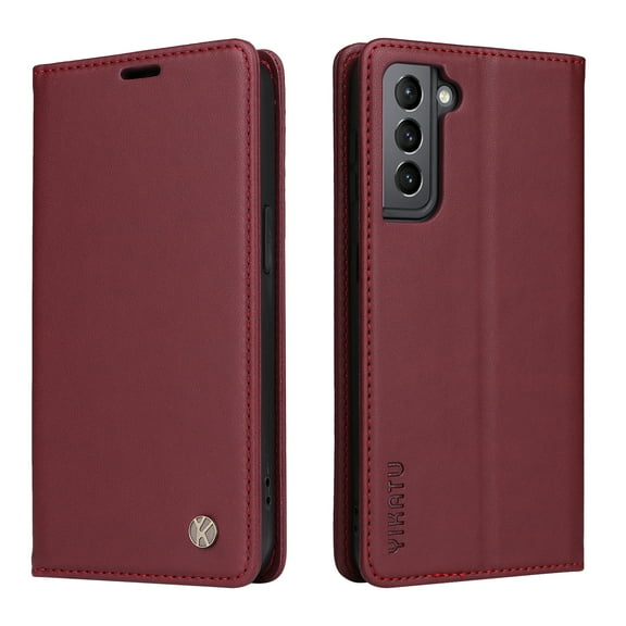 Decase Shockproof Leather Wallet Phone Case for Samsung Galaxy S22 Plus,Classic PU Leather Magnetic Closure Folio Flip Stand Card Slots Phone Case Cover,Winered