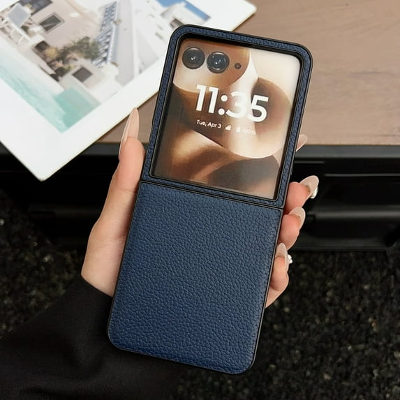 Decase Shockproof PU Leather Phone Case Compatible with Motorola Razr Ultra 2025, Textured Lychee Grain Hard PC Back Cover, Slim Fit Anti-Scratch Protective Shell for Women & Men,Blue