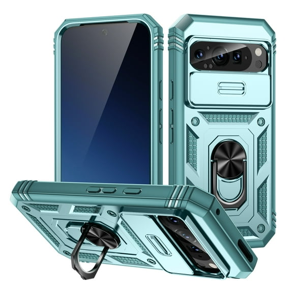 Decase Shockproof Rugged Case with Built-in Ring Kickstand & 360° Full Protection Anti-Scratch Privacy Slide Cover for Google Pixel 9A,Magnetic Car Mount Compatible, Card Slot Design,G