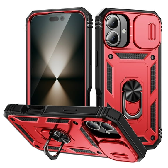 Decase Shockproof Rugged Case with Built-in Ring Kickstand & 360° Full Protection Anti-Scratch Privacy Slide Cover for iPhone 16 Pro Max,Magnetic Car Mount Compatible, Card Slot Design,E