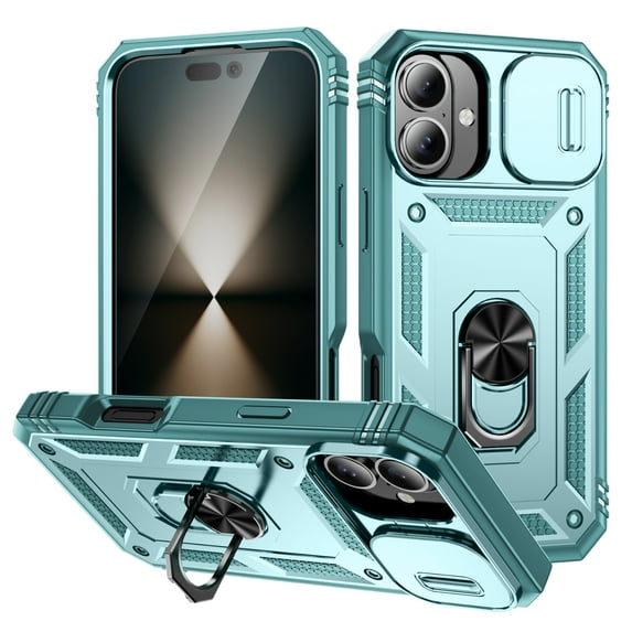 Decase Shockproof Rugged Case with Built-in Ring Kickstand & 360° Full Protection Anti-Scratch Privacy Slide Cover for iPhone 16 Pro Max,Magnetic Car Mount Compatible, Card Slot Design,G