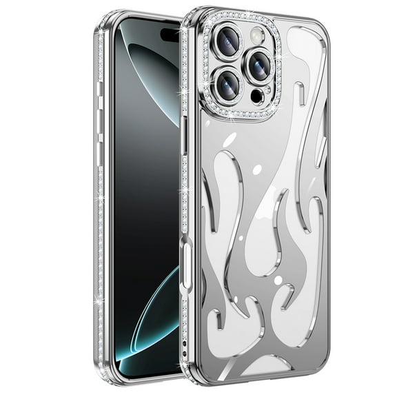 Decase Soft TPU Lightweight Glitter Magnetic Case for iPhone 12 Pro,Electroplate Glossy Flame Shape Hollow Heat Dissipation Cover,Slim Bling Flexible Shockproof Phone Case with Diamond,Silver