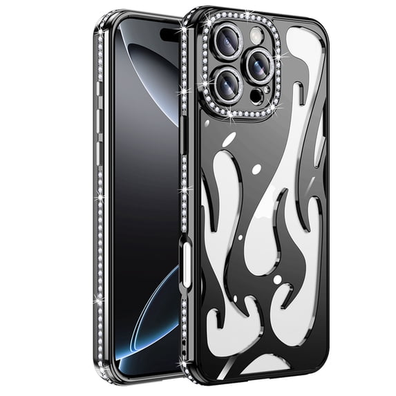 Decase Soft TPU Lightweight Glitter Magnetic Case for iPhone 15,Electroplate Glossy Flame Shape Hollow Heat Dissipation Cover,Slim Bling Flexible Shockproof Phone Case with Diamond,Black
