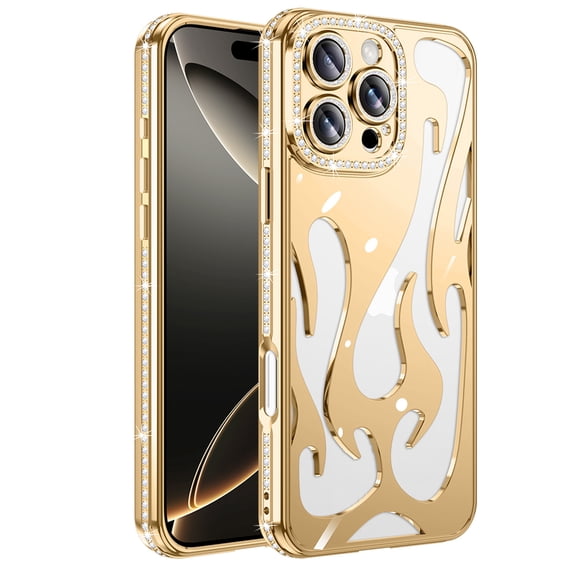Decase Soft TPU Lightweight Glitter Magnetic Case for iPhone 16 Pro,Electroplate Glossy Flame Shape Hollow Heat Dissipation Cover,Slim Bling Flexible Shockproof Phone Case with Diamond,Gold