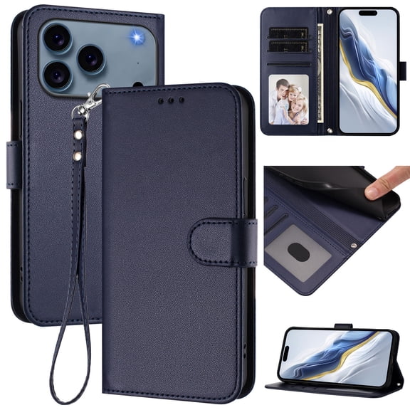 Decase Solid Wallet Case for iPhone 17 Pro,Rugged 3 Card Slots Kickstand Flip Folio Cover,Shockproof TPU+Leather Hybrid Magnetic Closure Protective Flip Cover for iPhone 17 Pro,Blue