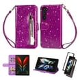 thumbnail image 1 of Decase Stylish Flip Wallet Case for Samsung Galaxy Z Fold 5,Bling Glitter Luxury Leather Zipper Pocket Card Slots Stand Function Magnetic Clasp Detachable Lanyard Purse Cute Phone Cover,Purple, 1 of 7