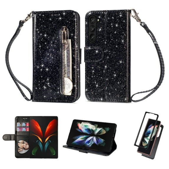 Decase Stylish Flip Wallet Case for Samsung Galaxy Z Fold 5,Bling Glitter Luxury Leather Zipper Pocket Card Slots Stand Function Magnetic Clasp Detachable Lanyard Purse Cute Phone Cover,Black
