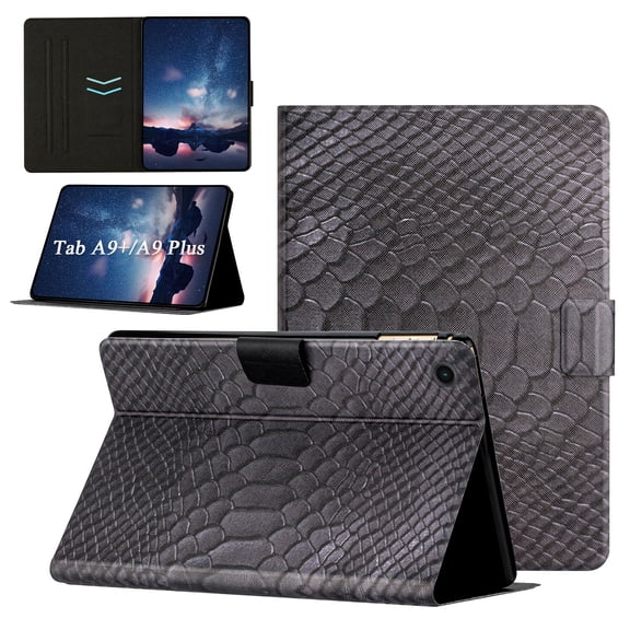 Decase Tablet Case for Samsung Galaxy Tab A9+,Fashion Solid Color Galaxy Tab А9+/A9 Plus 11" Cover with Stand/Pockets+Stylus,Auto Sleep/Wake,Crocodile Print Magnetic Folio Cover,Black