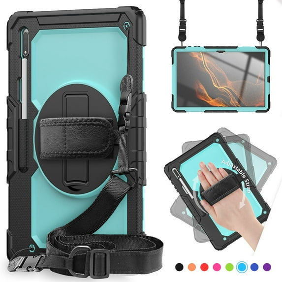 Decase Tablet Shell for Samsung Galaxy Tab S9 Plus 12.4 Inch 2023 Model (SM-X810/X816/X818) ,With Shoulder Strap & Multi-Viewing Handle Stand Shockproof Cover,Black + Light Blue