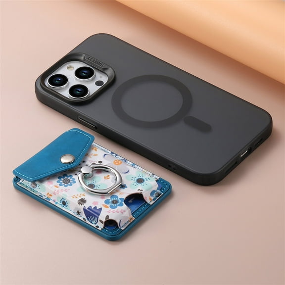 Decase Universal Magnetic Card Wallet Compatible with Mag Safe Phone Back Bag Case,Cute Flower Pattern with Ring Stand Designed for Apple iPhone 15 Pro Max 14 Pro /12 Pro/14 Plus/13 and More - Blue