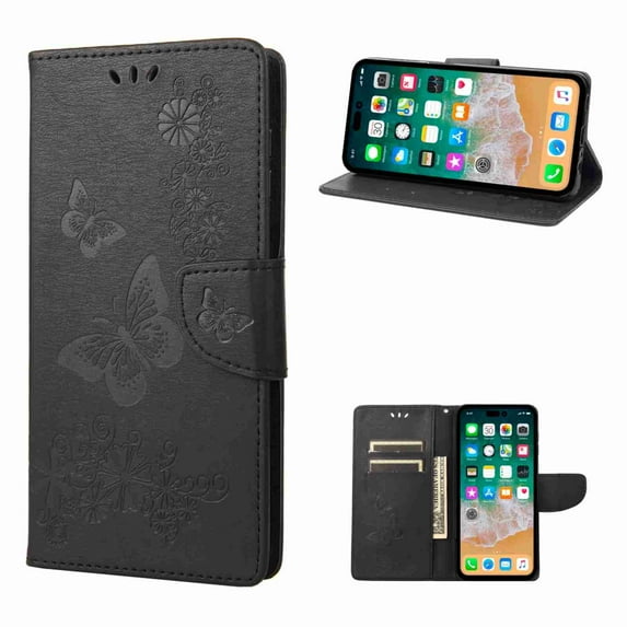 Decase Wallet Card Slim Magnetic Case for Apple iPhone 11 Pro, Shockproof Kickstand Wrist Strap Butterfly Floral Embossed PU Leather Flip Cover,black