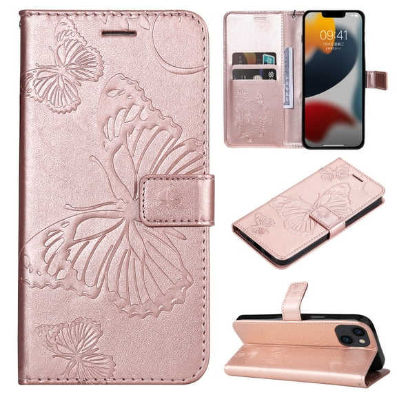 Decase Wallet Case for Apple iPhone 14, Butterfly Embossed PU Leather Wallet Case Flip Protective Phone Cover with Card Slots and Kickstand Case,Rosegold