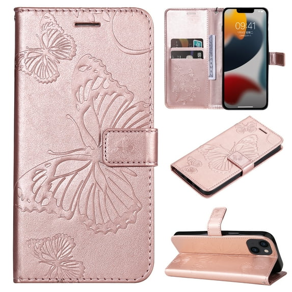 Decase Wallet Case for Apple iPhone 14, Butterfly Embossed PU Leather Wallet Case Flip Protective Phone Cover with Card Slots and Kickstand Case,Rosegold