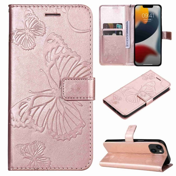 Decase Wallet Case for Apple iPhone 14 Plus, Butterfly Embossed PU Leather Wallet Case Flip Protective Phone Cover with Card Slots and Kickstand Case,Rosegold