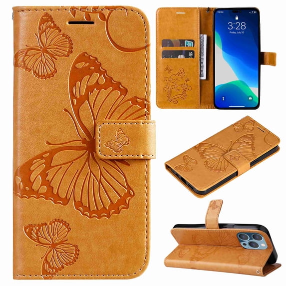 Decase Wallet Case for Apple iPhone 14 Pro Max, Butterfly Embossed PU Leather Wallet Case Flip Protective Phone Cover with Card Slots and Kickstand Case,Orange