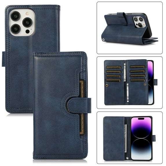 Decase Wallet Case For Apple iPhone 15 6.1",Premium Minimalist Slim Shockproof Cover Folio PU Leather Magnetic Clasp Card Slots Holder Phone Shell With Hand Strap,for iPhone 15 - Darkblue