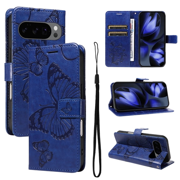 Decase Wallet Case Compatible with Google Pixel 10 /10 Pro, Embossed Butterfly PU Leather Case Flip Protective Phone Cover with Card Slots and Kickstand,Blue