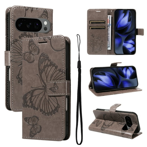 Decase Wallet Case Compatible with Google Pixel 10 /10 Pro, Embossed Butterfly PU Leather Case Flip Protective Phone Cover with Card Slots and Kickstand,Gray