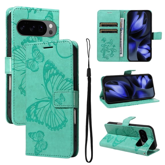 Decase Wallet Case Compatible with Google Pixel 10 /10 Pro, Embossed Butterfly PU Leather Case Flip Protective Phone Cover with Card Slots and Kickstand,Green