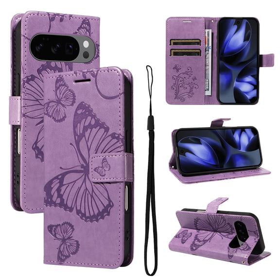 Decase Wallet Case Compatible with Google Pixel 10 /10 Pro, Embossed Butterfly PU Leather Case Flip Protective Phone Cover with Card Slots and Kickstand,Purple