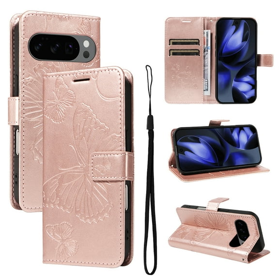 Decase Wallet Case Compatible with Google Pixel 10 /10 Pro, Embossed Butterfly PU Leather Case Flip Protective Phone Cover with Card Slots and Kickstand,Rosegold