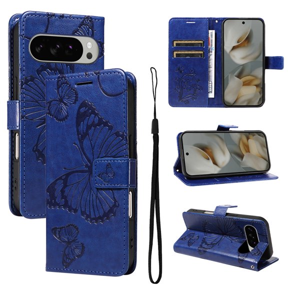 Decase Wallet Case Compatible with Google Pixel 10 Pro XL, Embossed Butterfly PU Leather Case Flip Protective Phone Cover with Card Slots and Kickstand,Blue