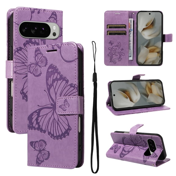 Decase Wallet Case Compatible with Google Pixel 10 Pro XL, Embossed Butterfly PU Leather Case Flip Protective Phone Cover with Card Slots and Kickstand,Purple