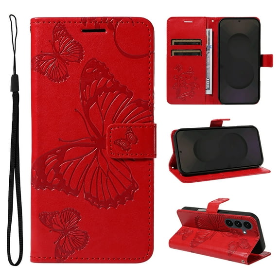 Decase Wallet Case Compatible with Samsung Galaxy S25 FE, Embossed Butterfly PU Leather Case Flip Protective Phone Cover with Card Slots and Kickstand,Red