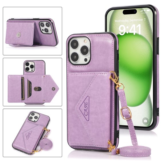 Decase Wallet Case Compatible with iPhone 16 Pro Crossbody Leather Phone Case with Credit Card Holder and Strap Magnetic Flip PU Kickstand Cases Shockproof Protective Shell Cover,Purple