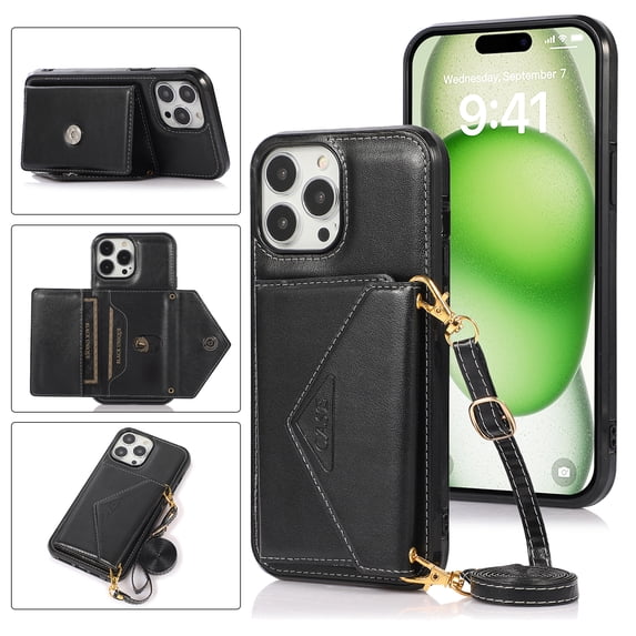 Decase Wallet Case Compatible with iPhone 16 Pro Crossbody Leather Phone Case with Credit Card Holder and Strap Magnetic Flip PU Kickstand Cases Shockproof Protective Shell Cover,Black