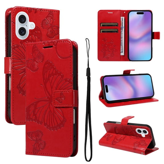 Decase Wallet Case Compatible with iPhone 17, Embossed Butterfly PU Leather Case Flip Protective Phone Cover with Card Slots and Kickstand,Red