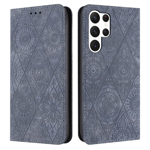Decase Wallet Case for Galaxy S23 Ultra Case,Premium Embossed Sunflower Magnetic Closure Folio Flip Case with Card Slots Stand & Wristband Strap Compatible for Samsung Galaxy S23 Ultra,Gray