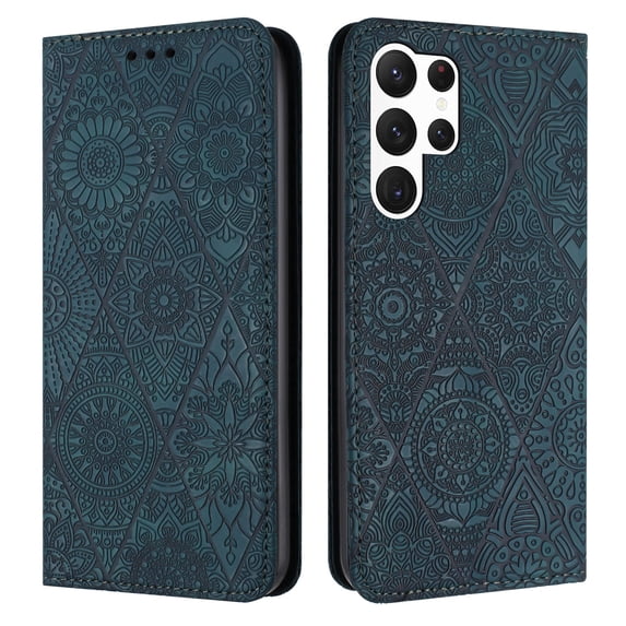 Decase Wallet Case for Galaxy S23 Ultra Case,Premium Embossed Sunflower Magnetic Closure Folio Flip Case with Card Slots Stand & Wristband Strap Compatible for Samsung Galaxy S23 Ultra,Blue