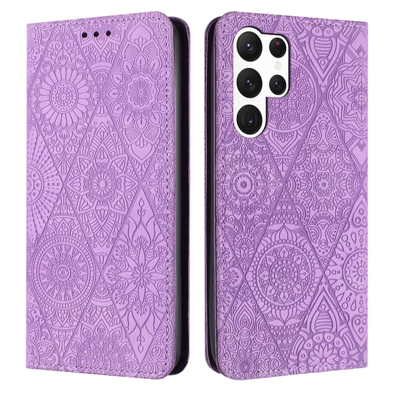 Decase Wallet Case for Galaxy S23 Ultra Case,Premium Embossed Sunflower Magnetic Closure Folio Flip Case with Card Slots Stand & Wristband Strap Compatible for Samsung Galaxy S23 Ultra,Purple