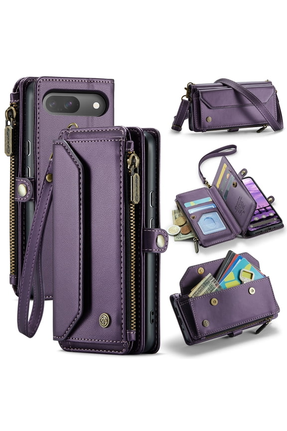 Wallet Case for Google Pixel 10 /10 Pro,Flip RFID Blocking Shockproof TPU Cover with 7 Card Slots,Cash Slot,Zipper Coin Pocket,Crossbody PU Leather Phone Cover,Purple
